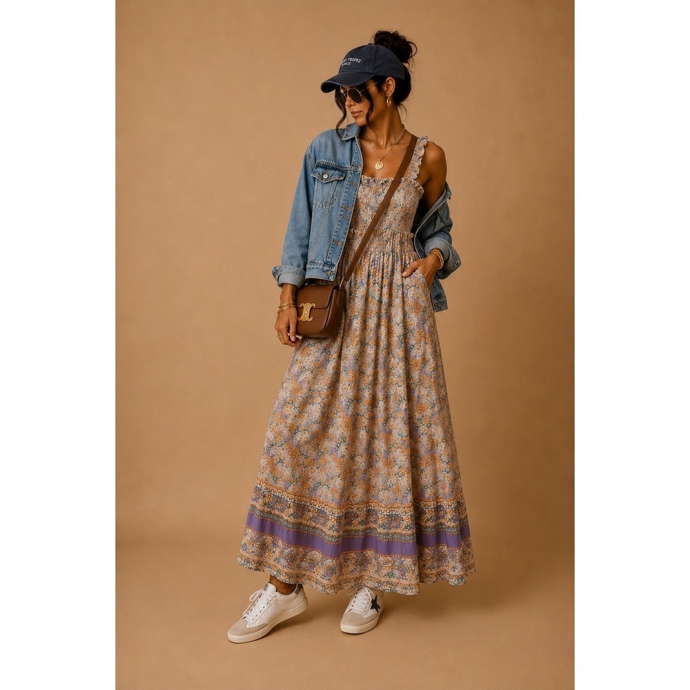 Becool Floral Smocked Maxi Dress Purple Mustard Boho Tiered Ruffle Strap Medium